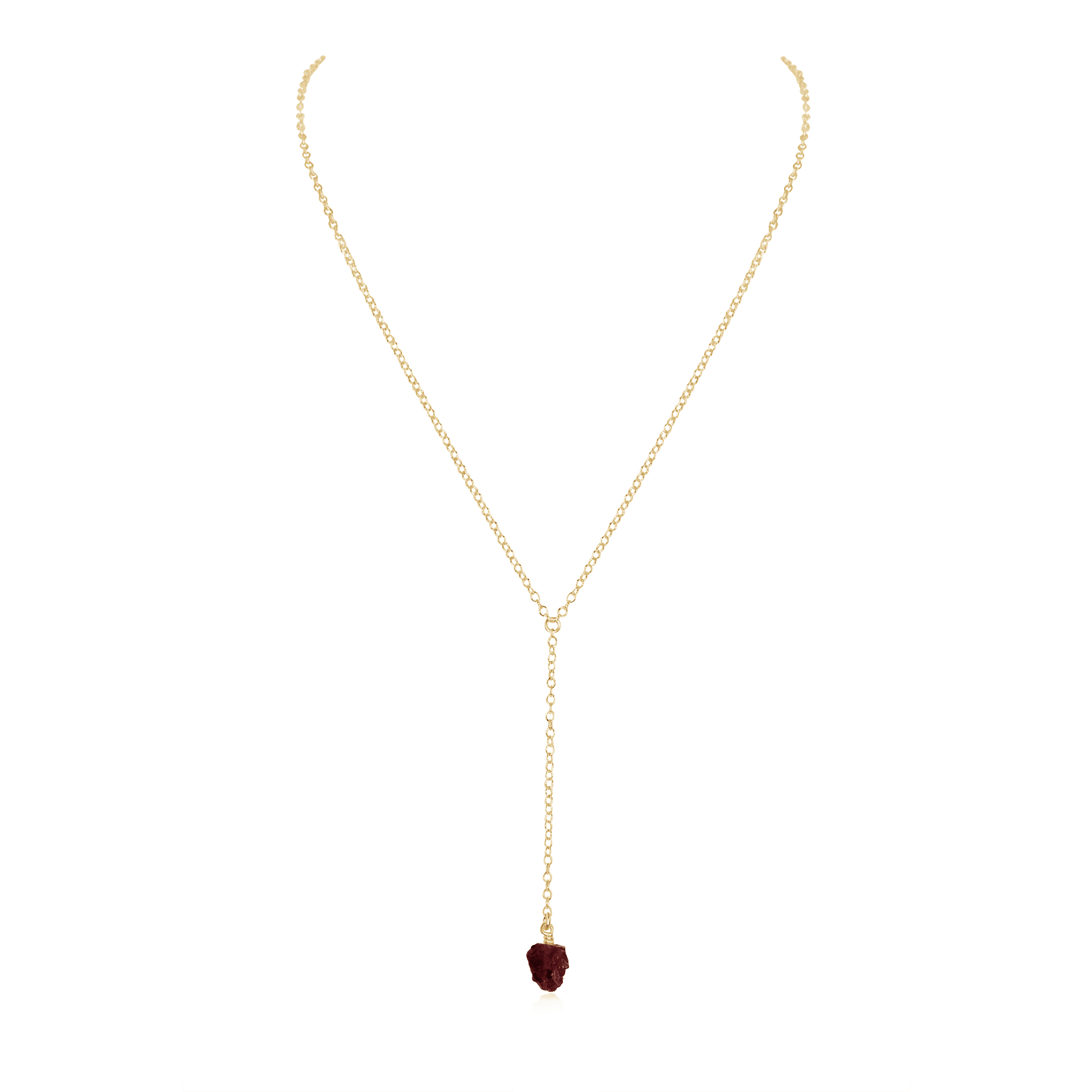Raw Garnet Crystal Lariat Necklace - Raw Garnet Crystal Lariat Necklace - 14k Gold Fill - Luna Tide Handmade Crystal Jewellery