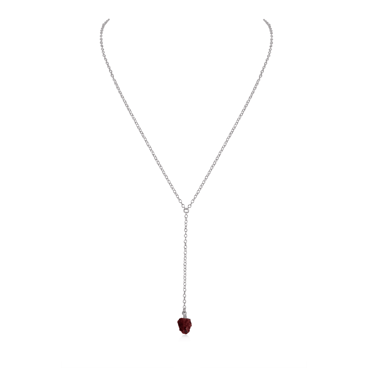 Raw Garnet Crystal Lariat Necklace - Raw Garnet Crystal Lariat Necklace - Stainless Steel - Luna Tide Handmade Crystal Jewellery