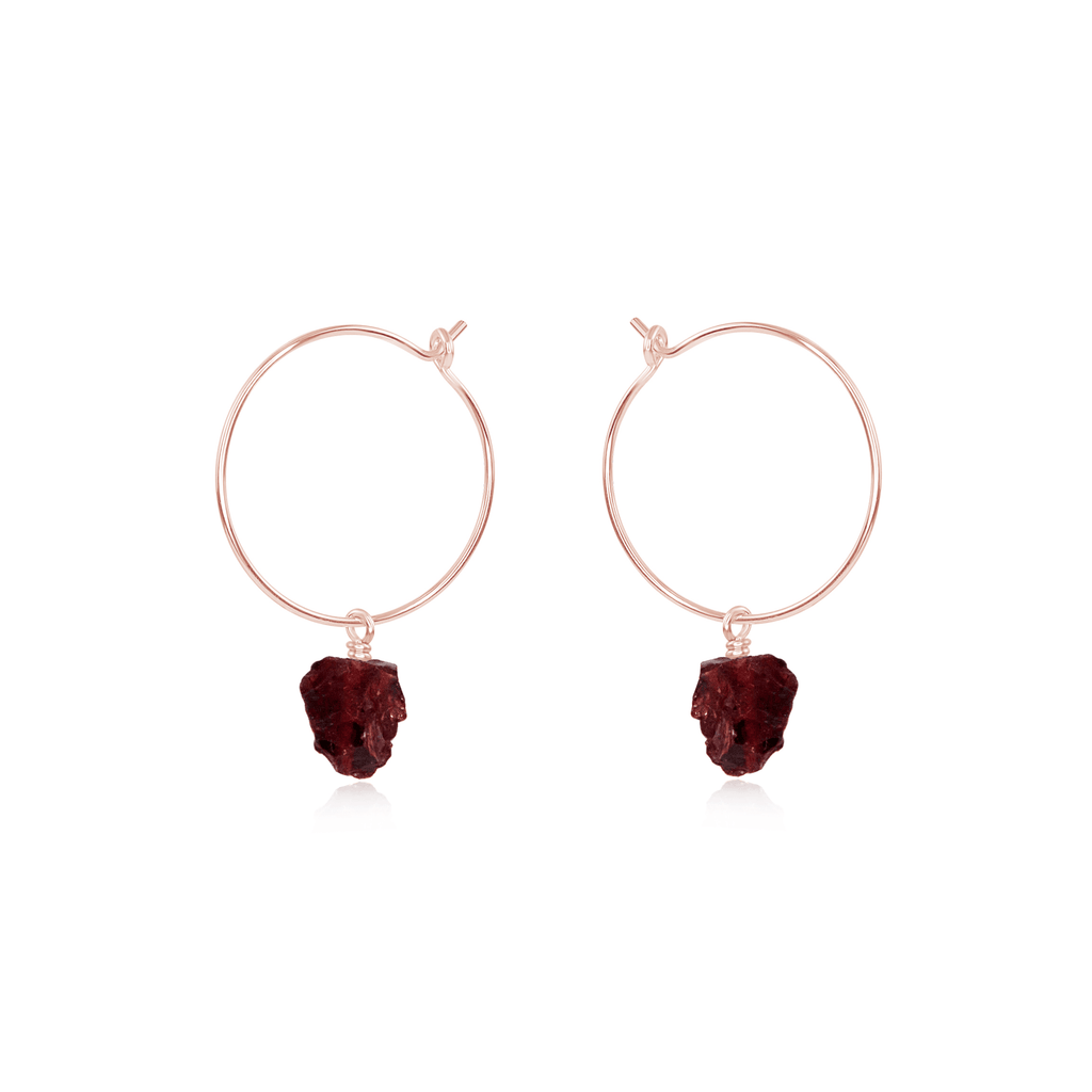 Raw Garnet Gemstone Dangle Hoop Earrings - Raw Garnet Gemstone Dangle Hoop Earrings - 14k Rose Gold Fill - Luna Tide Handmade Crystal Jewellery