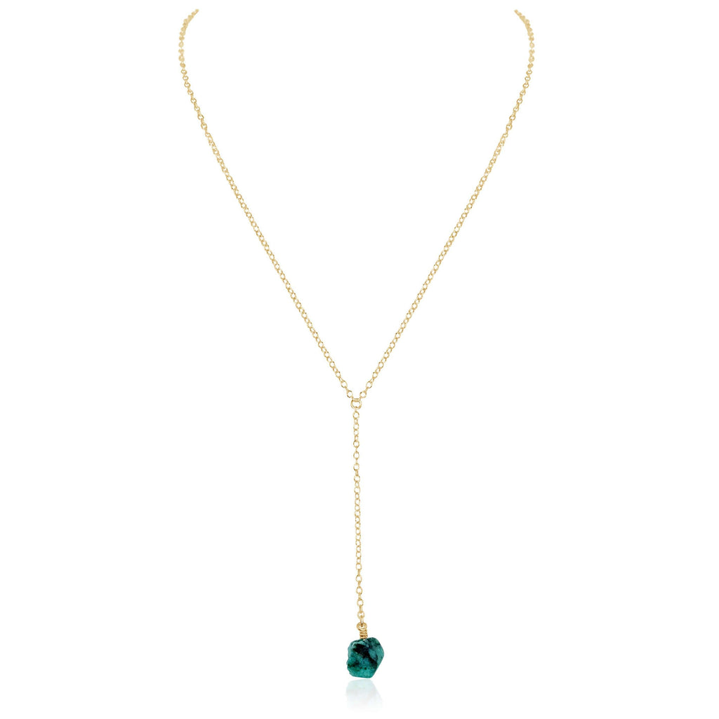 Raw Green Emerald Crystal Lariat Necklace - Raw Green Emerald Crystal Lariat Necklace - 14k Gold Fill - Luna Tide Handmade Crystal Jewellery