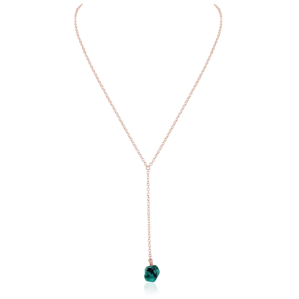 Raw Green Emerald Crystal Lariat Necklace - Raw Green Emerald Crystal Lariat Necklace - 14k Rose Gold Fill - Luna Tide Handmade Crystal Jewellery