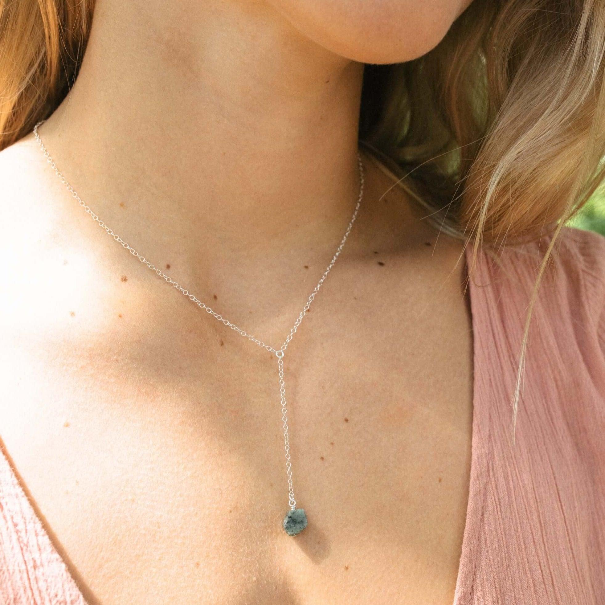 Raw Green Emerald Crystal Lariat Necklace - Raw Green Emerald Crystal Lariat Necklace - Sterling Silver - Luna Tide Handmade Crystal Jewellery