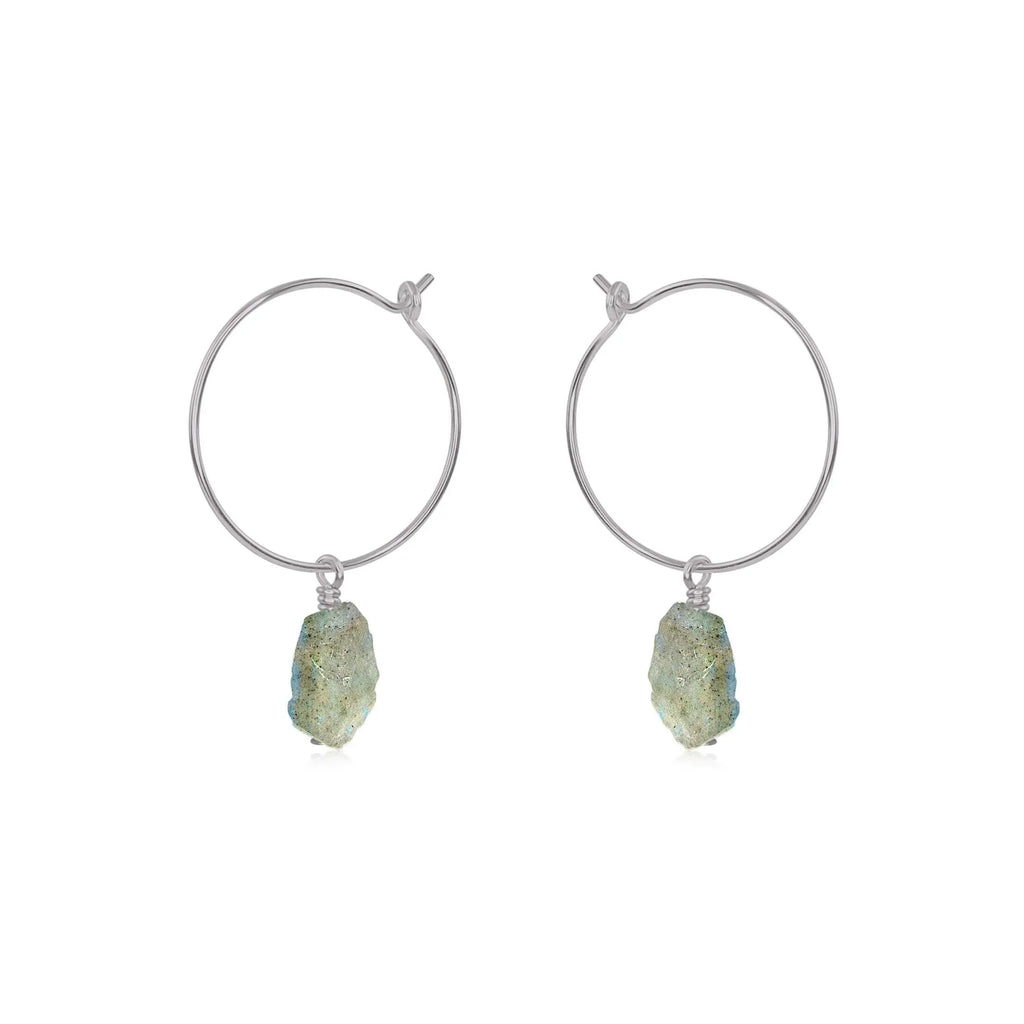 Raw Labradorite Gemstone Dangle Hoop Earrings - Raw Labradorite Gemstone Dangle Hoop Earrings - Stainless Steel - Luna Tide Handmade Crystal Jewellery