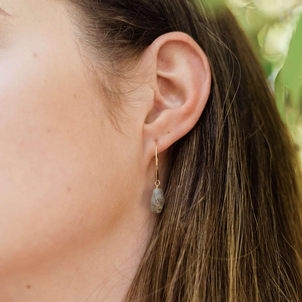 Raw Labradorite Gemstone Dangle Hoop Earrings - Raw Labradorite Gemstone Dangle Hoop Earrings - Sterling Silver - Luna Tide Handmade Crystal Jewellery