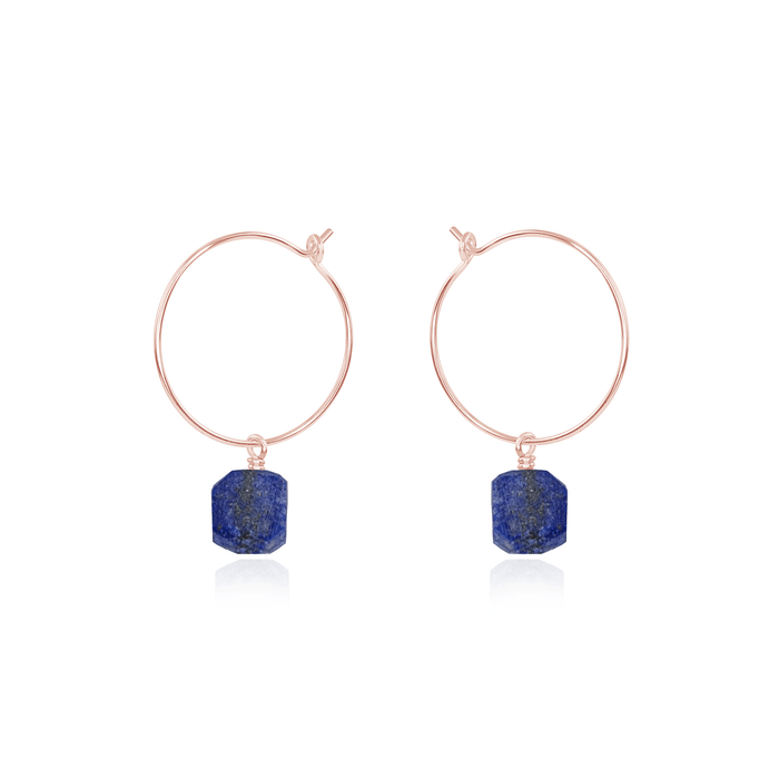 Raw Lapis Lazuli Gemstone Dangle Hoop Earrings - Raw Lapis Lazuli Gemstone Dangle Hoop Earrings - 14k Rose Gold Fill - Luna Tide Handmade Crystal Jewellery
