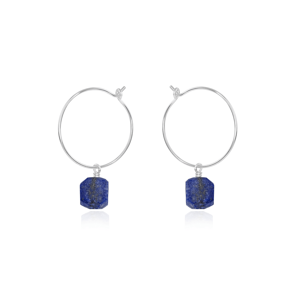 Raw Lapis Lazuli Gemstone Dangle Hoop Earrings - Raw Lapis Lazuli Gemstone Dangle Hoop Earrings - Sterling Silver - Luna Tide Handmade Crystal Jewellery