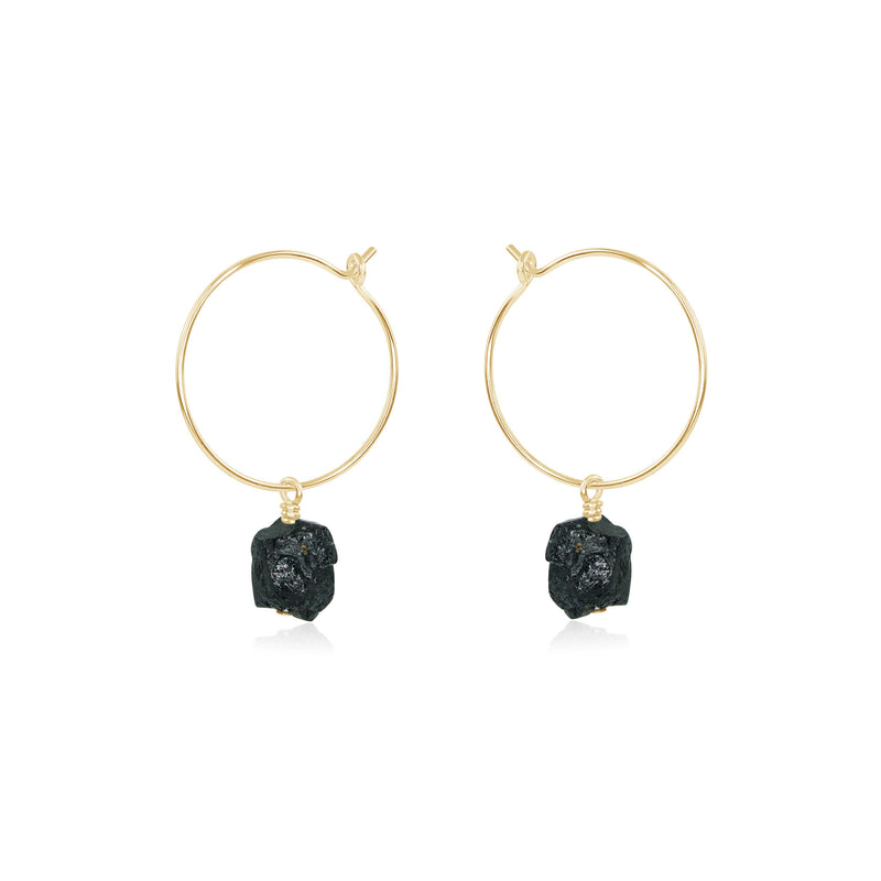 Raw Nugget Hoop Earrings - Black Tourmaline - 14K Gold Fill - Luna Tide Handmade Jewellery