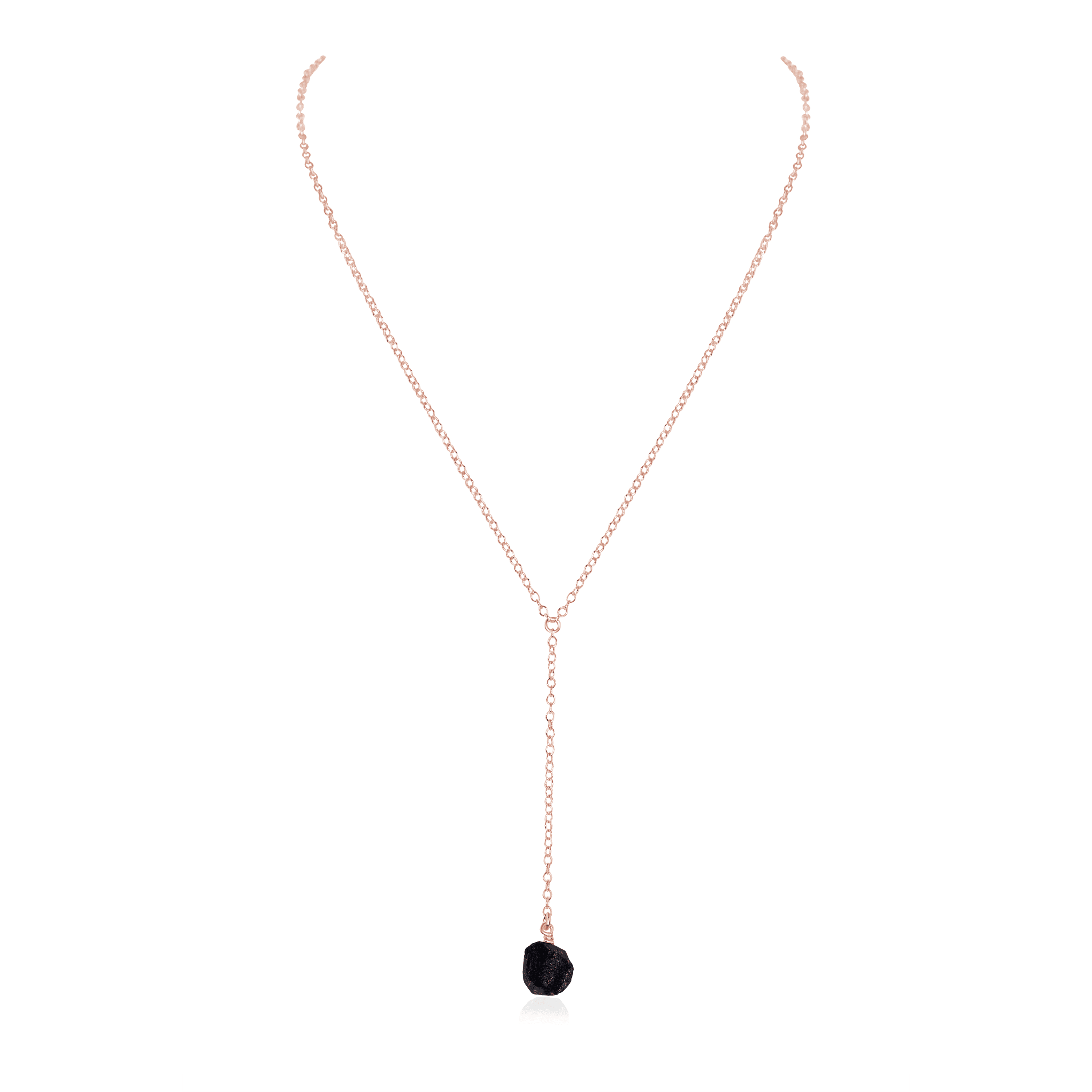 Raw Obsidian Crystal Lariat Necklace - Raw Obsidian Crystal Lariat Necklace - 14k Rose Gold Fill - Luna Tide Handmade Crystal Jewellery