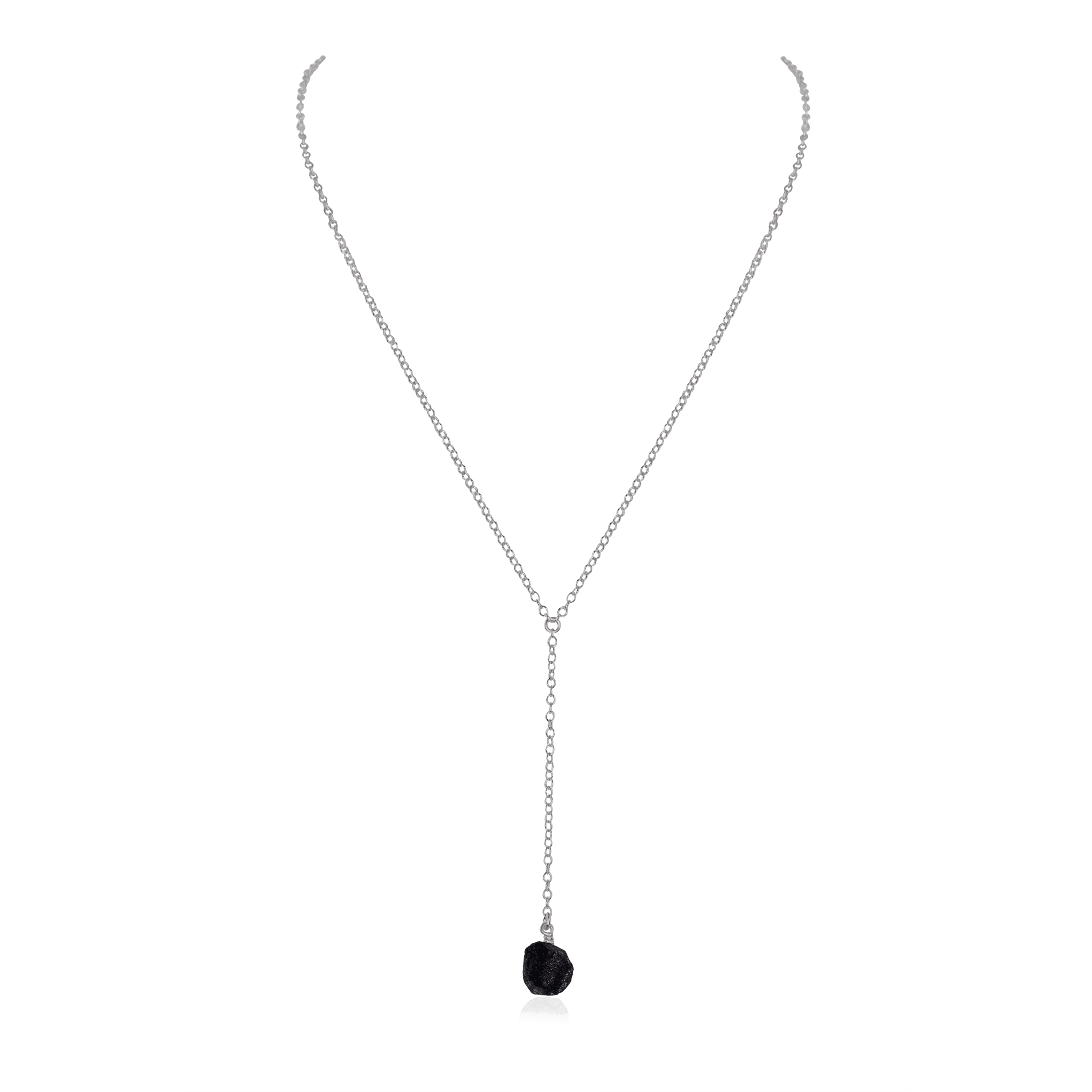 Raw Obsidian Crystal Lariat Necklace - Raw Obsidian Crystal Lariat Necklace - Stainless Steel - Luna Tide Handmade Crystal Jewellery