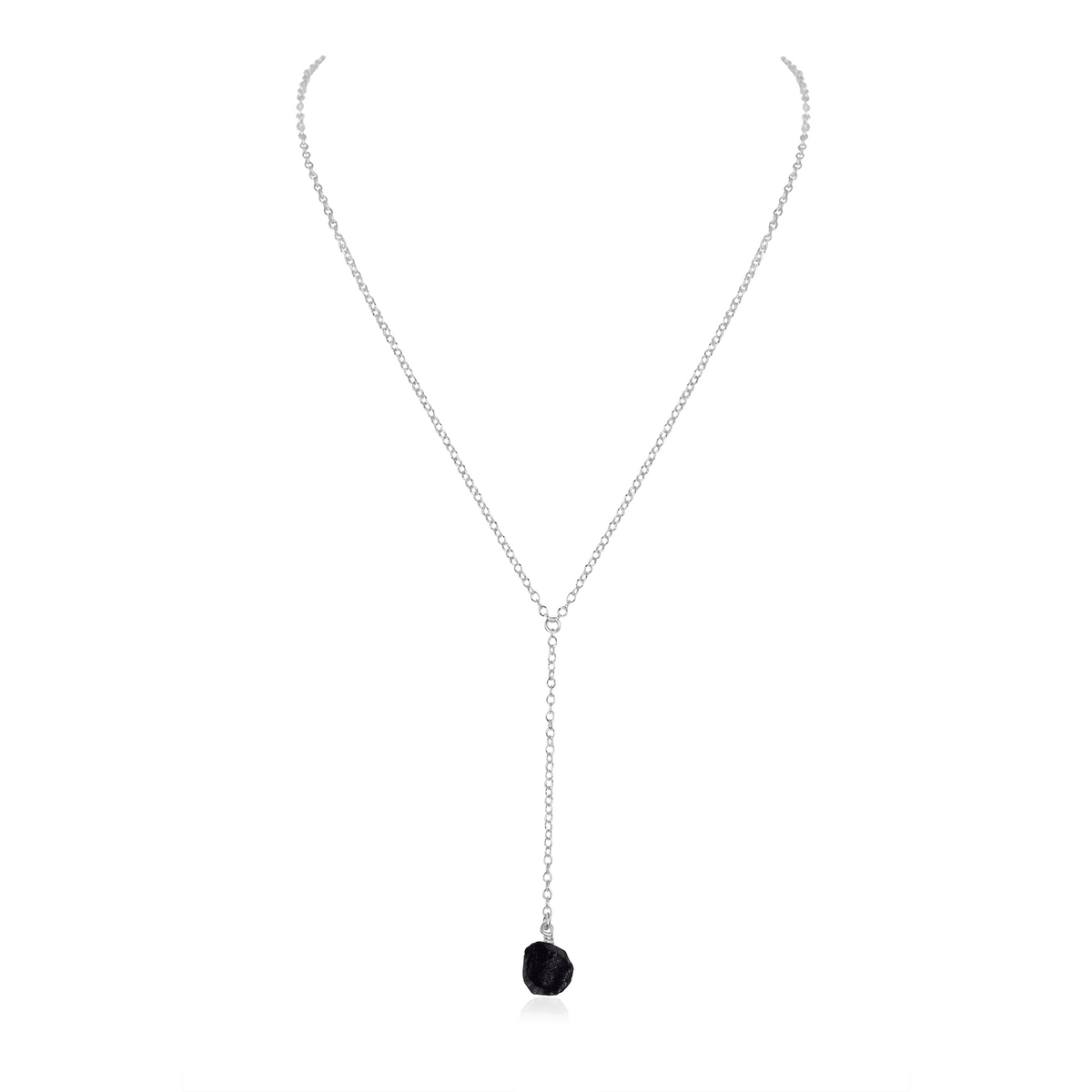 Raw Obsidian Crystal Lariat Necklace - Raw Obsidian Crystal Lariat Necklace - Sterling Silver - Luna Tide Handmade Crystal Jewellery