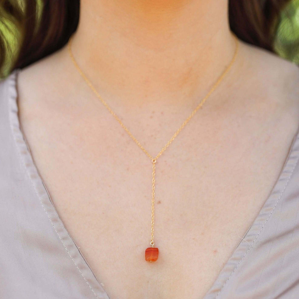 Raw Orange Carnelian Crystal Lariat Necklace - Raw Orange Carnelian Crystal Lariat Necklace - Sterling Silver - Luna Tide Handmade Crystal Jewellery