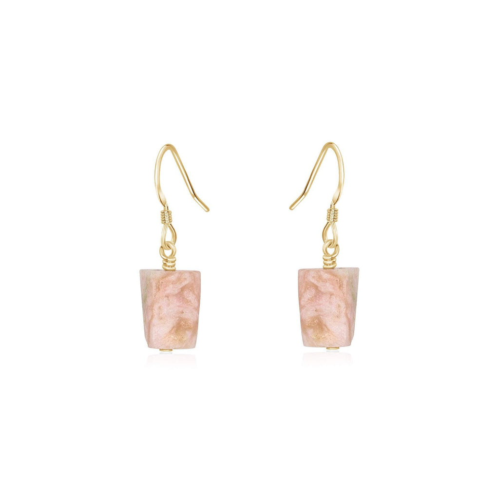 Raw Pink Peruvian Opal Crystal Dangle Drop Earrings - Raw Pink Peruvian Opal Crystal Dangle Drop Earrings - 14k Gold Fill - Luna Tide Handmade Crystal Jewellery