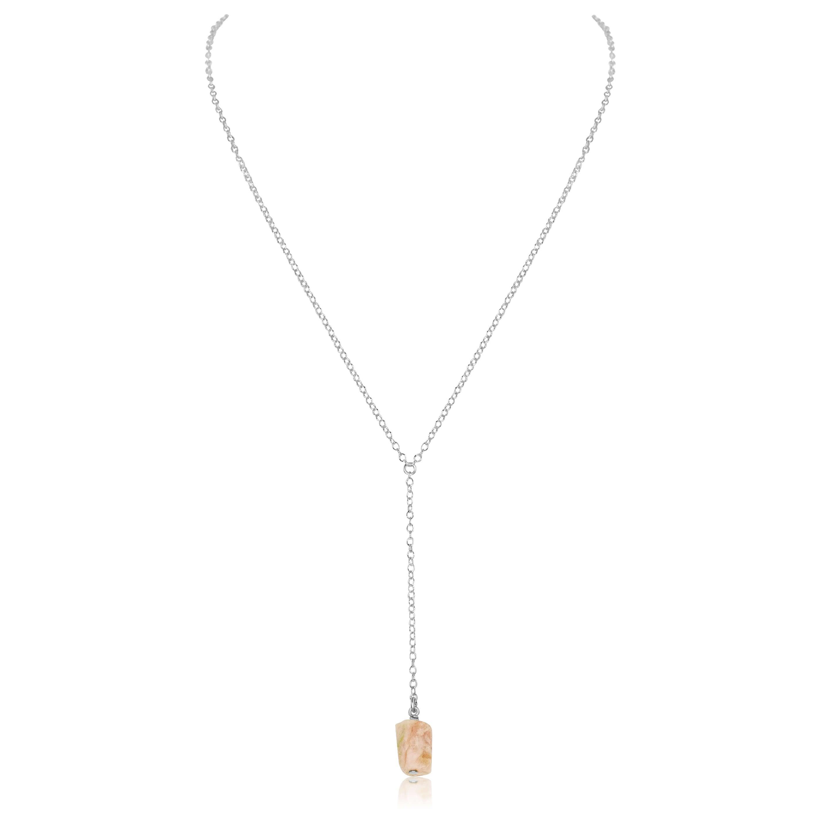 Raw Pink Peruvian Opal Crystal Lariat Necklace - Raw Pink Peruvian Opal Crystal Lariat Necklace - Sterling Silver - Luna Tide Handmade Crystal Jewellery