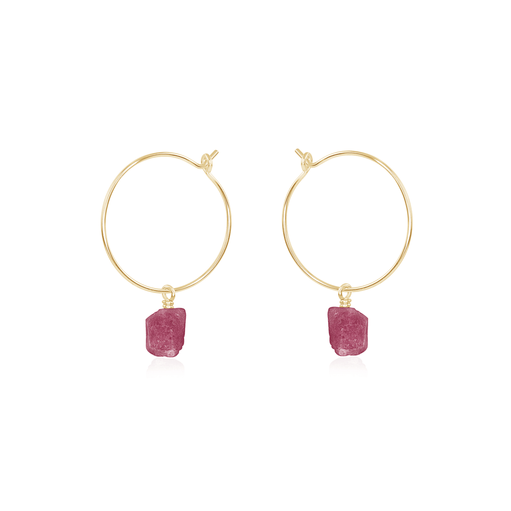 Raw Pink Tourmaline Gemstone Dangle Hoop Earrings - Raw Pink Tourmaline Gemstone Dangle Hoop Earrings - 14k Gold Fill - Luna Tide Handmade Crystal Jewellery