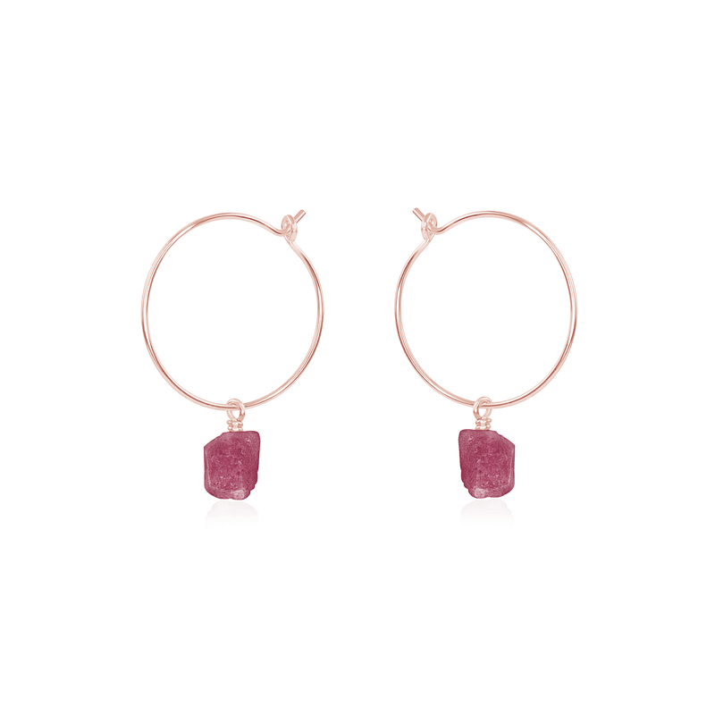 Raw Pink Tourmaline Gemstone Dangle Hoop Earrings - Raw Pink Tourmaline Gemstone Dangle Hoop Earrings - 14k Rose Gold Fill - Luna Tide Handmade Crystal Jewellery