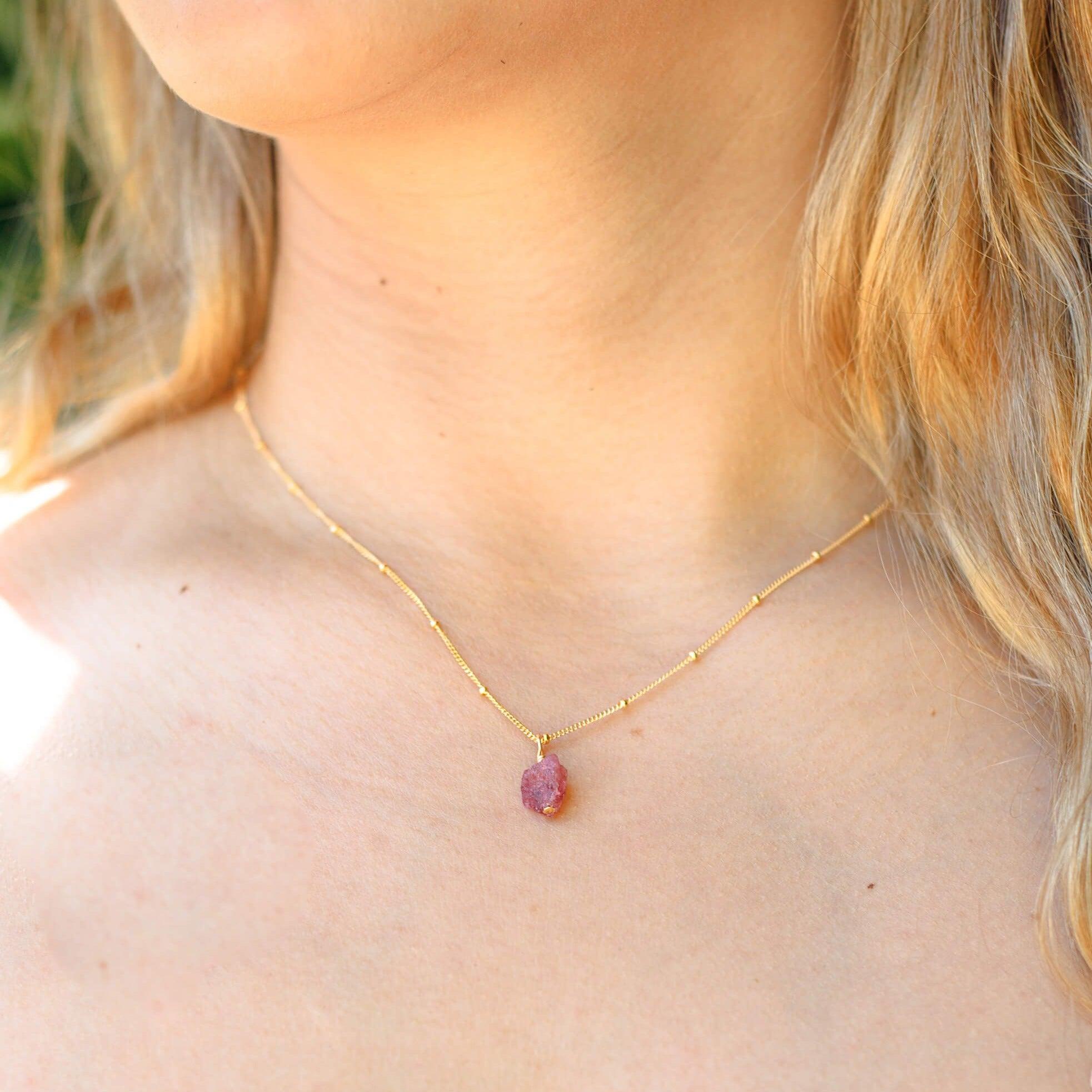 Raw Pink Tourmaline Natural Crystal Pendant Necklace - Raw Pink Tourmaline Natural Crystal Pendant Necklace - 14k Gold Fill / Satellite - Luna Tide Handmade Crystal Jewellery