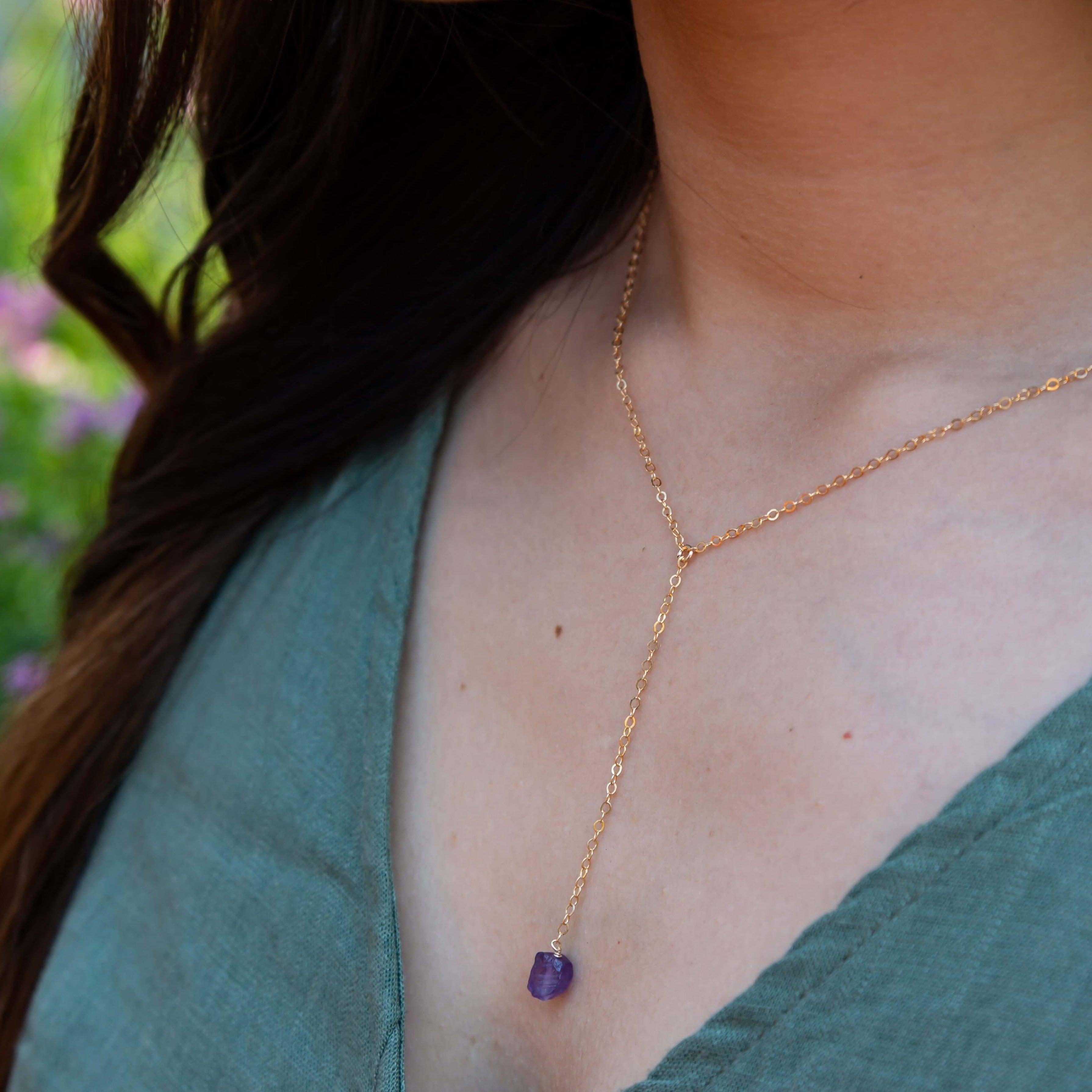 Raw Purple Amethyst Crystal Lariat Necklace - Raw Purple Amethyst Crystal Lariat Necklace - 14k Gold Fill - Luna Tide Handmade Crystal Jewellery
