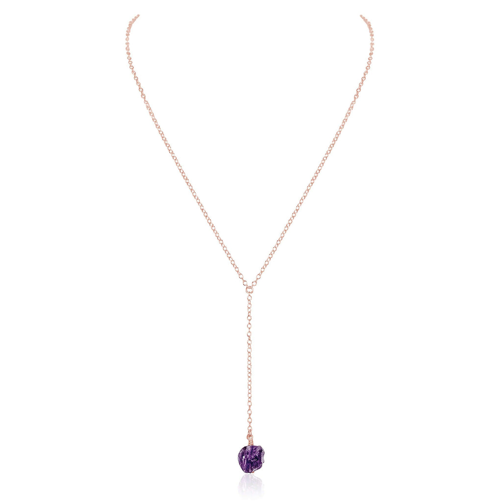 Raw Purple Amethyst Crystal Lariat Necklace - Raw Purple Amethyst Crystal Lariat Necklace - 14k Rose Gold Fill - Luna Tide Handmade Crystal Jewellery
