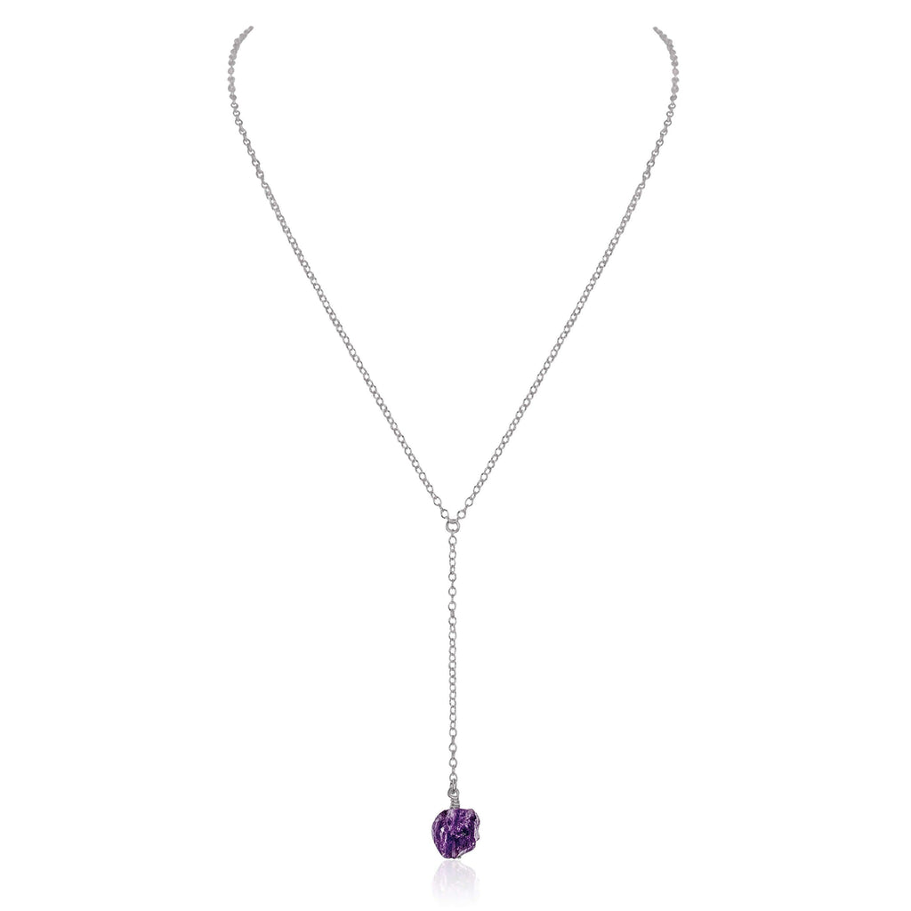 Raw Purple Amethyst Crystal Lariat Necklace - Raw Purple Amethyst Crystal Lariat Necklace - Stainless Steel - Luna Tide Handmade Crystal Jewellery
