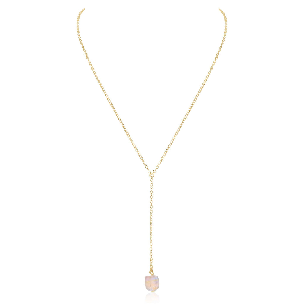 Raw Rainbow Moonstone Crystal Lariat Necklace - Raw Rainbow Moonstone Crystal Lariat Necklace - 14k Gold Fill - Luna Tide Handmade Crystal Jewellery