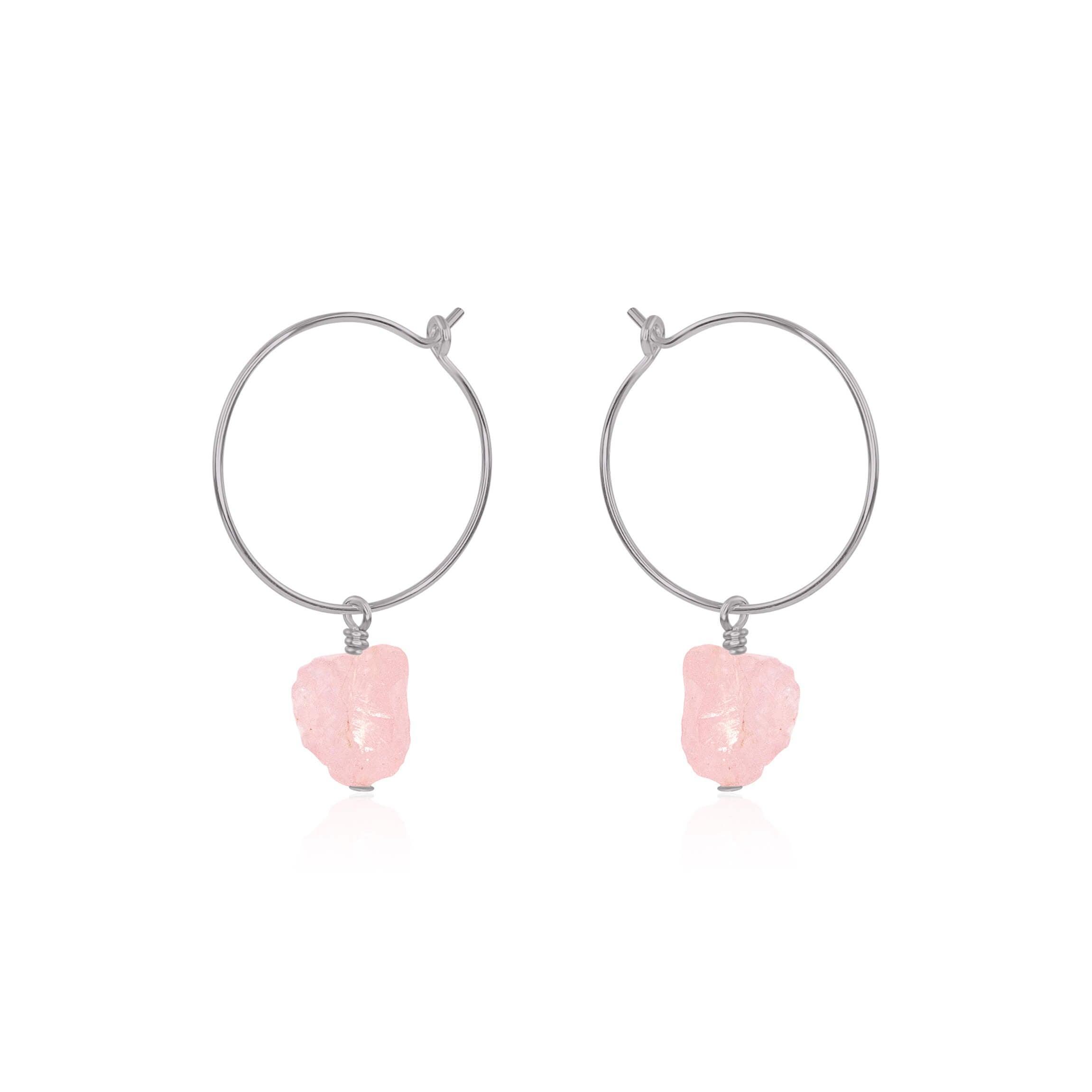 Raw Rose Quartz Gemstone Dangle Hoop Earrings - Raw Rose Quartz Gemstone Dangle Hoop Earrings - Stainless Steel - Luna Tide Handmade Crystal Jewellery