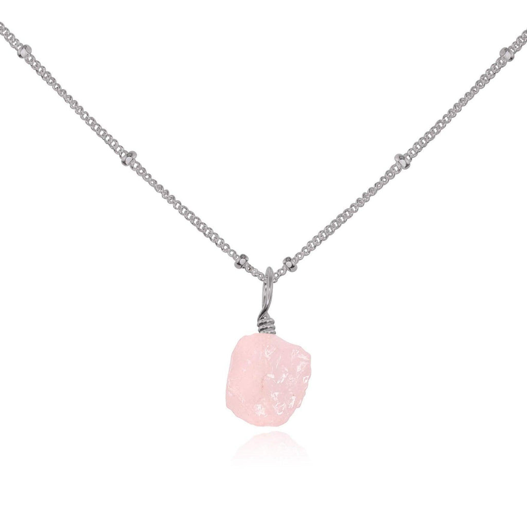 Raw Rose Quartz Natural Crystal Pendant Necklace - Raw Rose Quartz Natural Crystal Pendant Necklace - Stainless Steel / Satellite - Luna Tide Handmade Crystal Jewellery