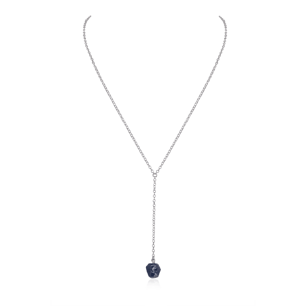 Raw Sapphire Crystal Lariat Necklace - Raw Sapphire Crystal Lariat Necklace - Stainless Steel - Luna Tide Handmade Crystal Jewellery