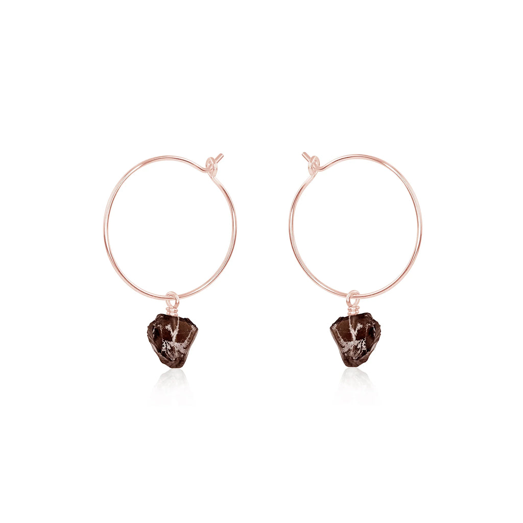 Raw Smoky Quartz Gemstone Dangle Hoop Earrings - Raw Smoky Quartz Gemstone Dangle Hoop Earrings - 14k Rose Gold Fill - Luna Tide Handmade Crystal Jewellery