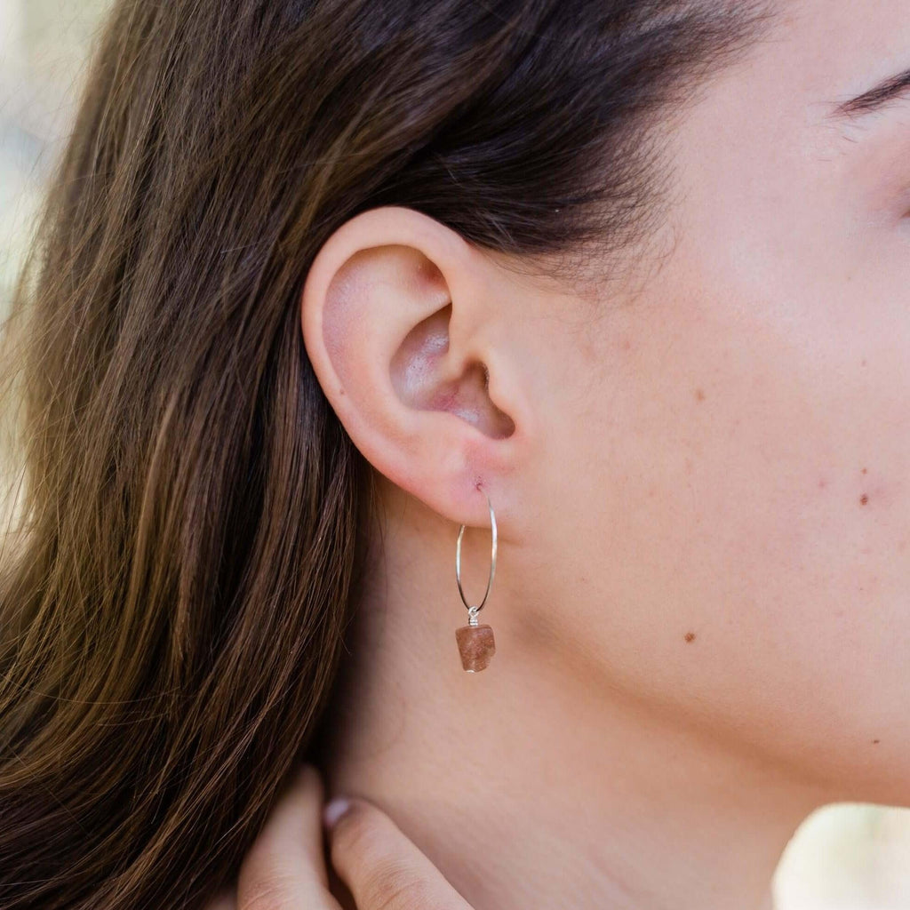 Raw Sunstone Gemstone Dangle Hoop Earrings - Raw Sunstone Gemstone Dangle Hoop Earrings - 14k Gold Fill - Luna Tide Handmade Crystal Jewellery