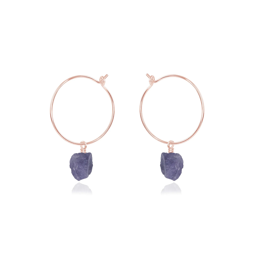 Raw Tanzanite Gemstone Dangle Hoop Earrings - Raw Tanzanite Gemstone Dangle Hoop Earrings - 14k Rose Gold Fill - Luna Tide Handmade Crystal Jewellery
