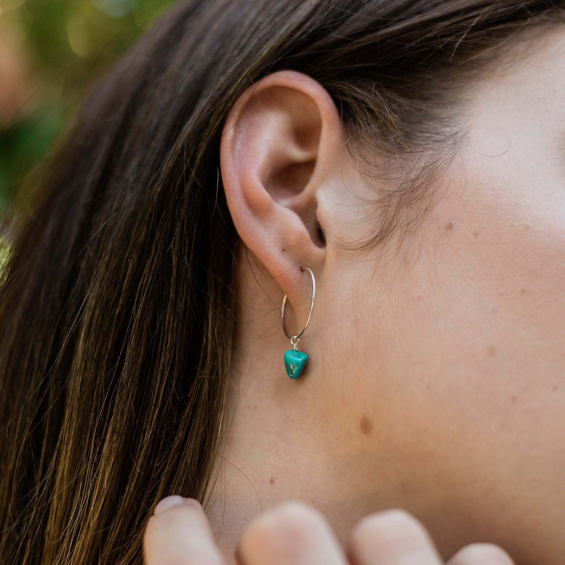 Raw Turquoise Gemstone Dangle Hoop Earrings - Raw Turquoise Gemstone Dangle Hoop Earrings - 14k Gold Fill - Luna Tide Handmade Crystal Jewellery