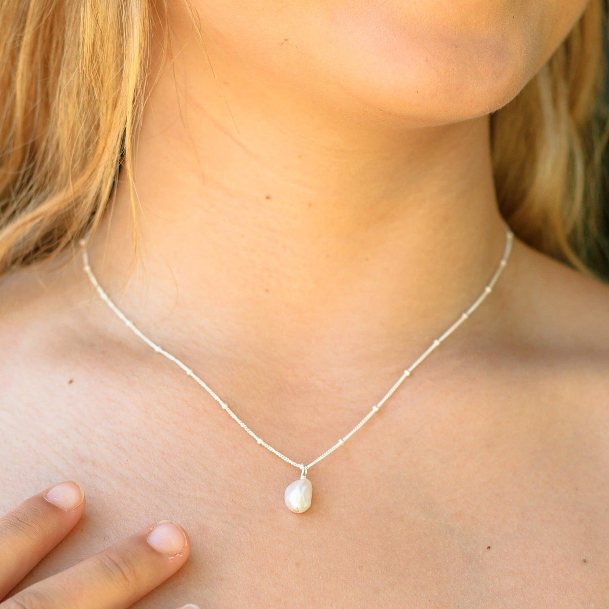 Raw Crystal Pendant Necklace - Freshwater Pearl - Sterling Silver Satellite - Luna Tide Handmade Jewellery