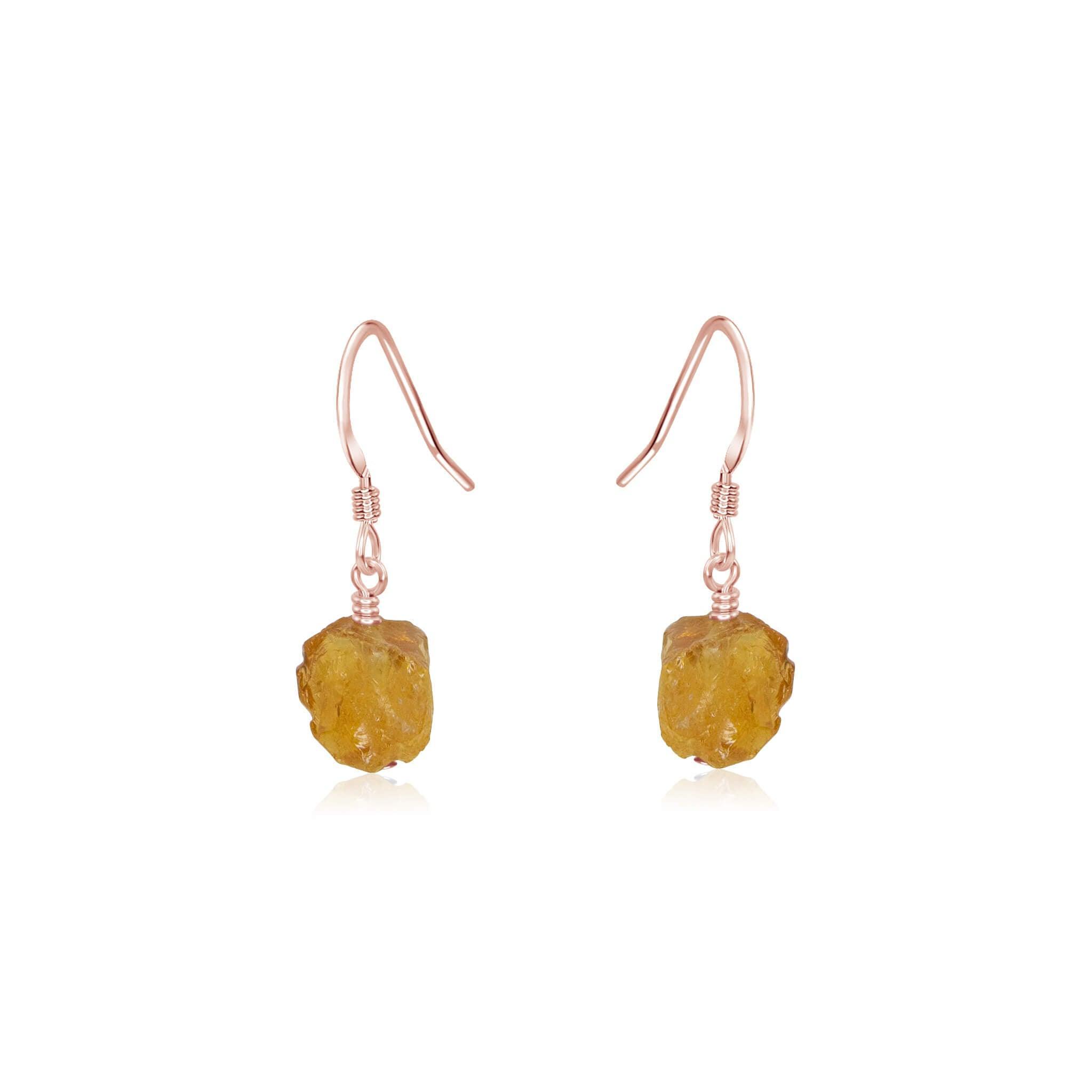 Raw Yellow Citrine Crystal Dangle Drop Earrings - Raw Yellow Citrine Crystal Dangle Drop Earrings - 14k Rose Gold Fill - Luna Tide Handmade Crystal Jewellery