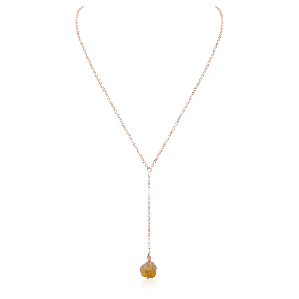 Raw Yellow Citrine Crystal Lariat Necklace - Raw Yellow Citrine Crystal Lariat Necklace - 14k Rose Gold Fill - Luna Tide Handmade Crystal Jewellery