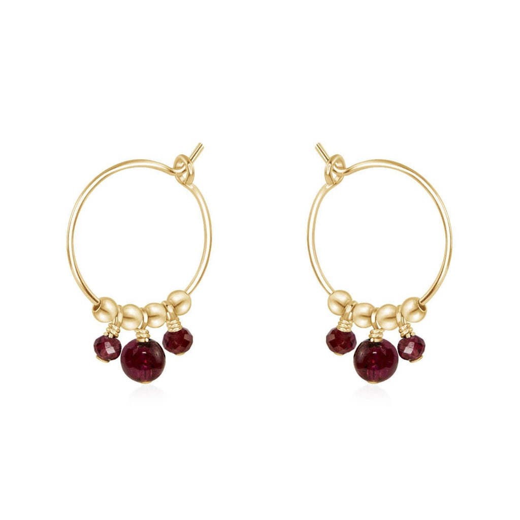Red Garnet Gemstone Bead Drop Hoop Earrings - Red Garnet Gemstone Bead Drop Hoop Earrings - 14k Gold Fill - Luna Tide Handmade Crystal Jewellery
