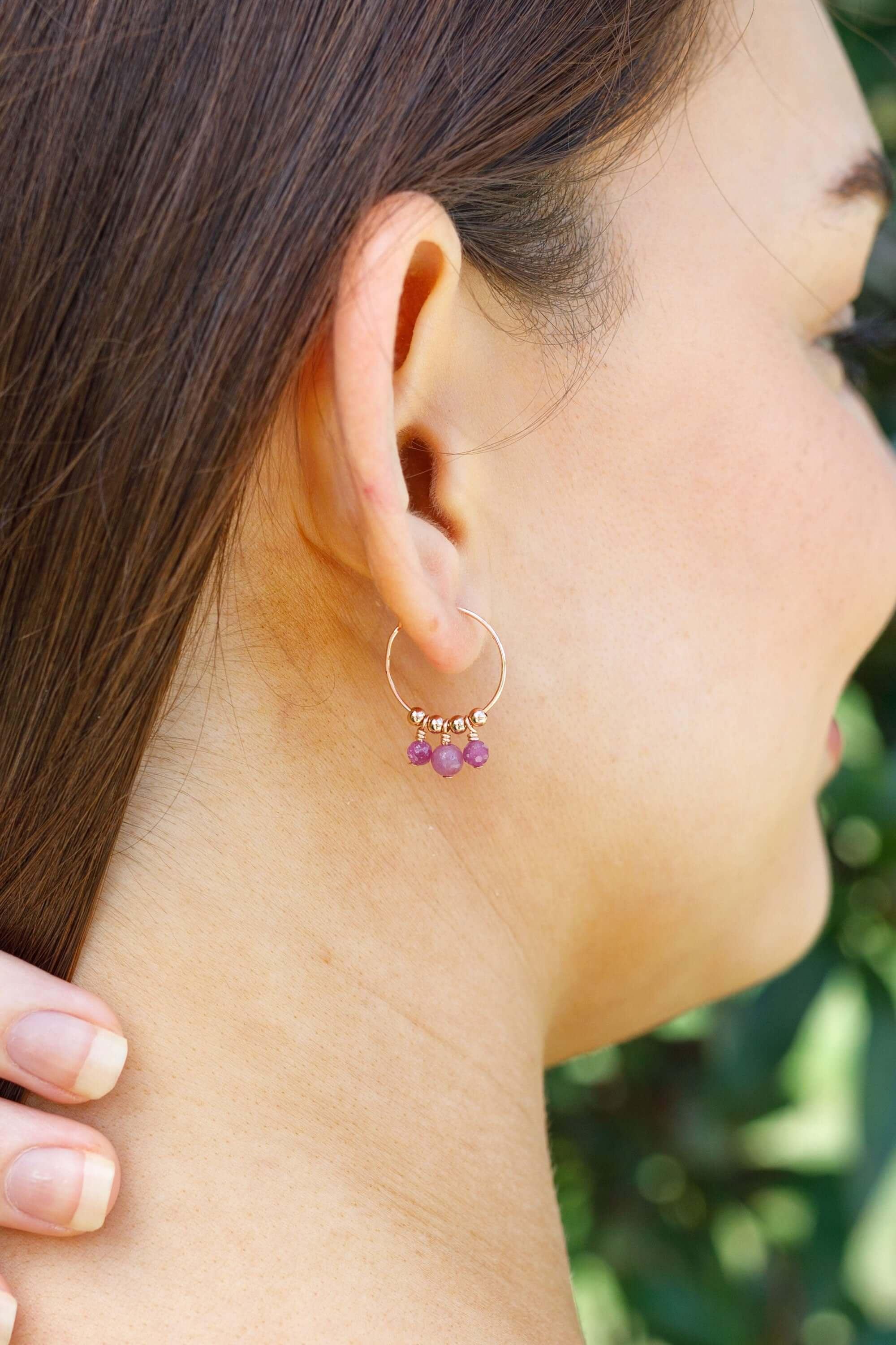 Red Ruby Gemstone Bead Drop Hoop Earrings - Red Ruby Gemstone Bead Drop Hoop Earrings - Sterling Silver - Luna Tide Handmade Crystal Jewellery