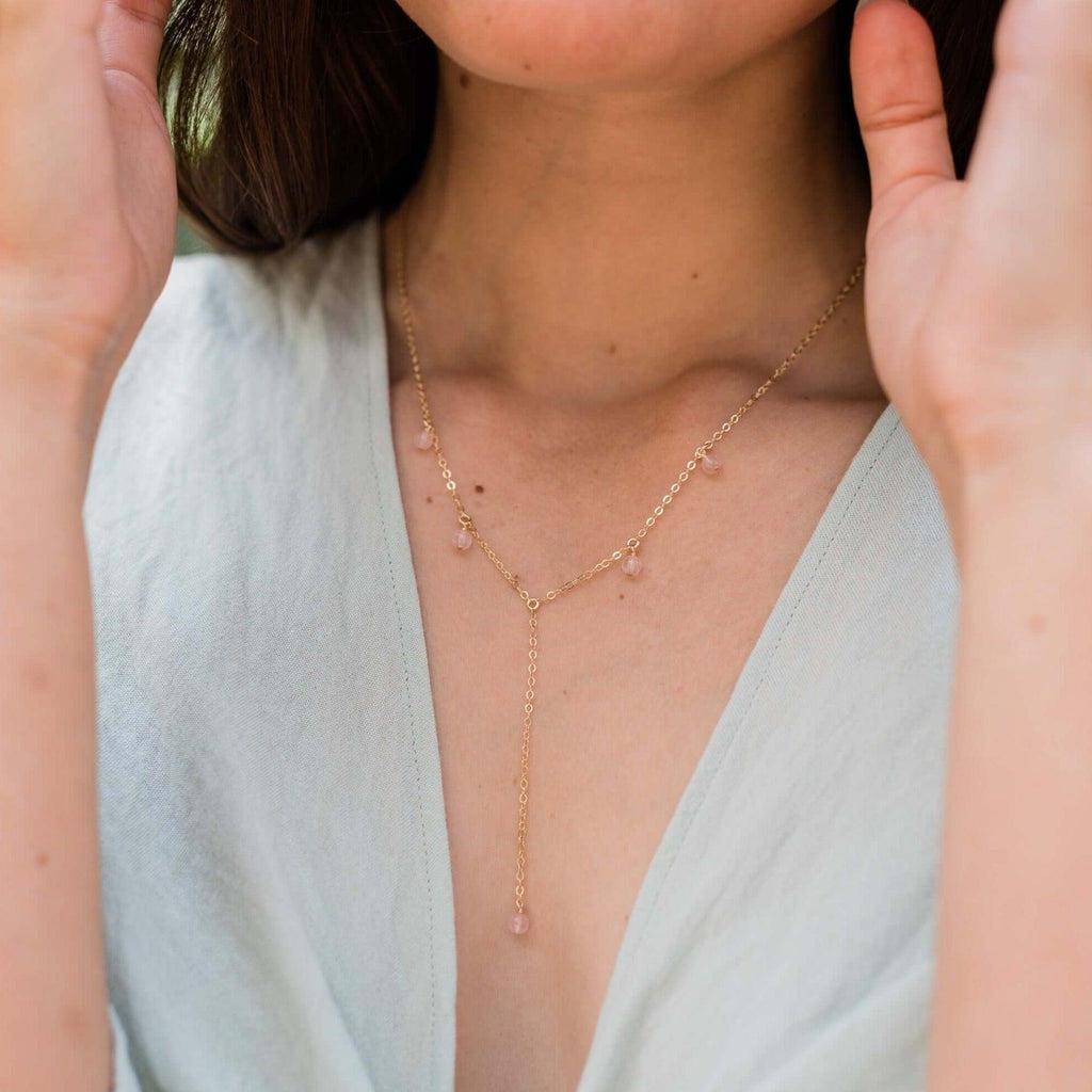 Rose Quartz Boho Lariat Necklace - Rose Quartz Boho Lariat Necklace - 14k Gold Fill - Luna Tide Handmade Crystal Jewellery