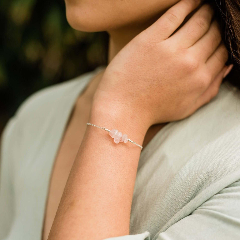 Rose quartz Chip Bead Bar Bracelet - Rose quartz Chip Bead Bar Bracelet - Sterling Silver - Luna Tide Handmade Crystal Jewellery