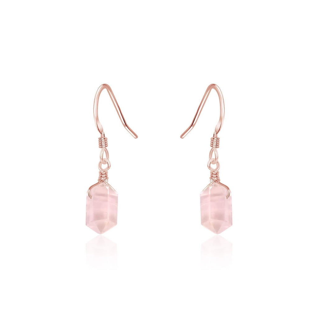 Rose Quartz Mini Double Terminated Crystal Point Dangle Drop Earrings - Rose Quartz Mini Double Terminated Crystal Point Dangle Drop Earrings - 14k Rose Gold Fill - Luna Tide Handmade Crystal Jewellery