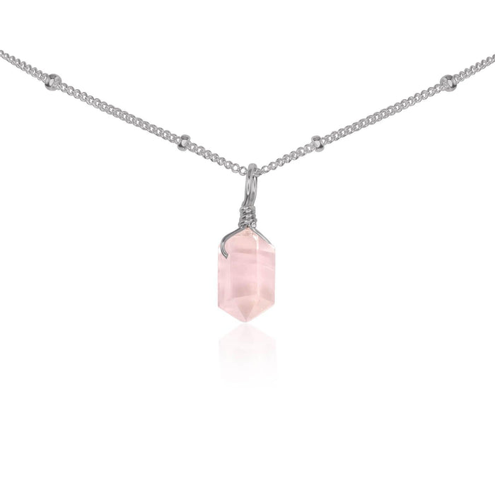 Rose Quartz Mini Double Terminated Crystal Point Pendant Choker Necklace - Rose Quartz Mini Double Terminated Crystal Point Pendant Choker Necklace - Stainless Steel / Satellite - Luna Tide Handmade Crystal Jewellery