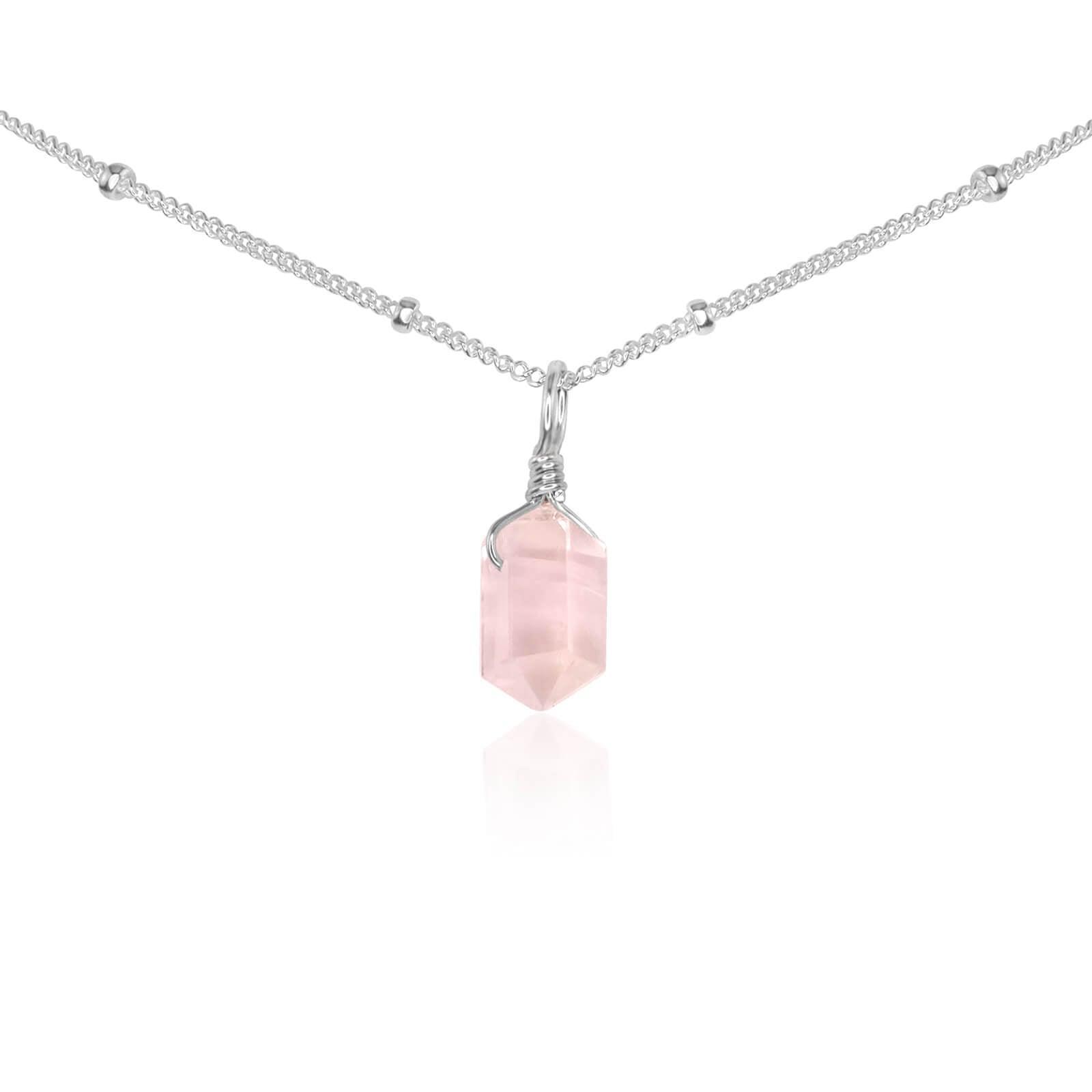 Rose Quartz Mini Double Terminated Crystal Point Pendant Choker Necklace - Rose Quartz Mini Double Terminated Crystal Point Pendant Choker Necklace - Sterling Silver / Satellite - Luna Tide Handmade Crystal Jewellery