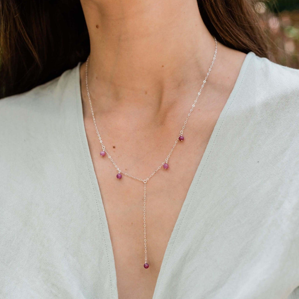 Ruby Boho Lariat Necklace - Ruby Boho Lariat Necklace - Sterling Silver - Luna Tide Handmade Crystal Jewellery