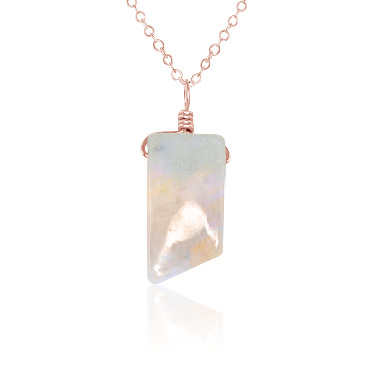 Small Smooth Rainbow Moonstone Gentle Point Crystal Pendant Necklace - Small Smooth Rainbow Moonstone Gentle Point Crystal Pendant Necklace - 14k Rose Gold Fill / Cable - Luna Tide Handmade Crystal Jewellery