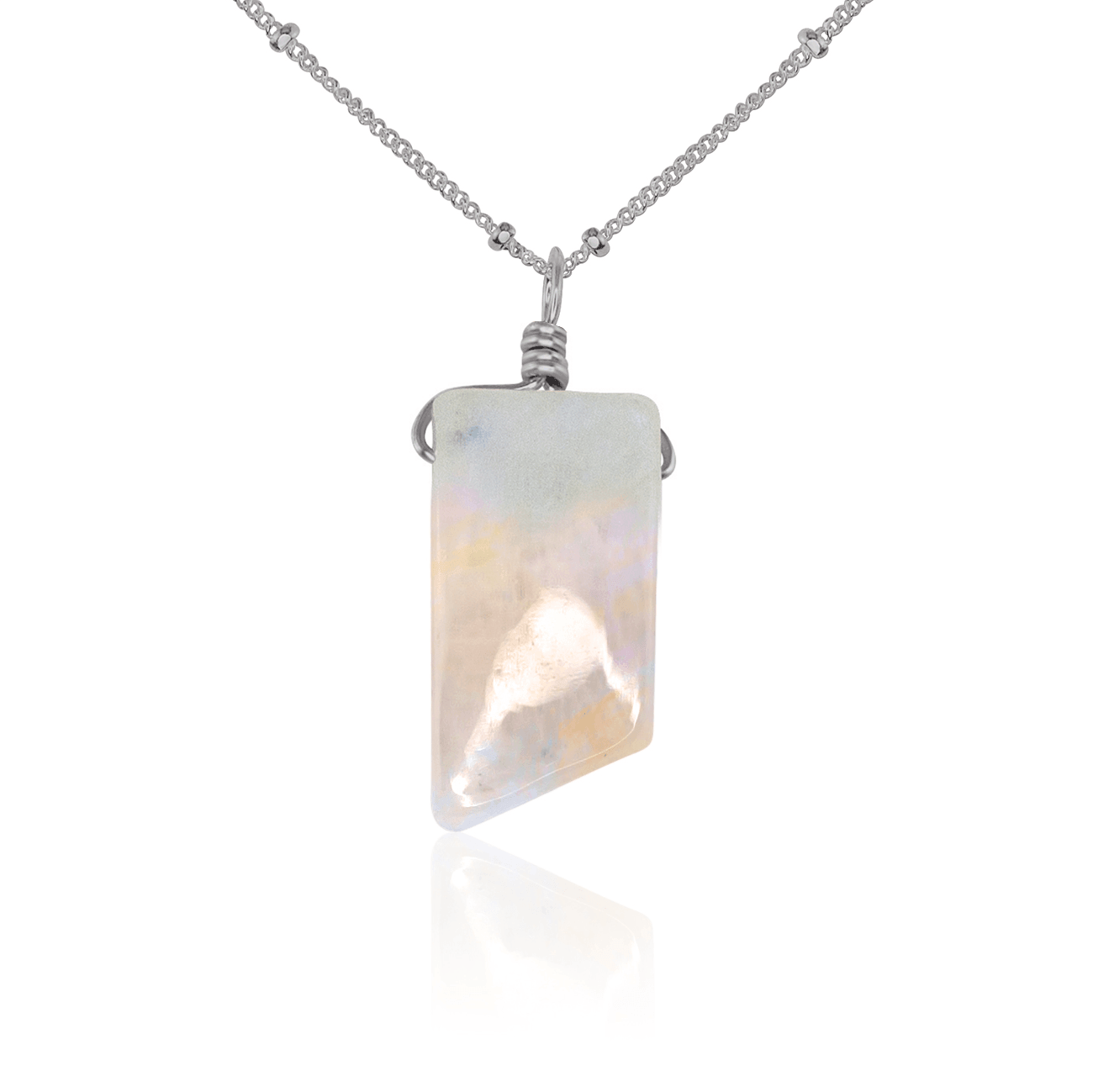 Small Smooth Rainbow Moonstone Gentle Point Crystal Pendant Necklace - Small Smooth Rainbow Moonstone Gentle Point Crystal Pendant Necklace - Stainless Steel / Satellite - Luna Tide Handmade Crystal Jewellery