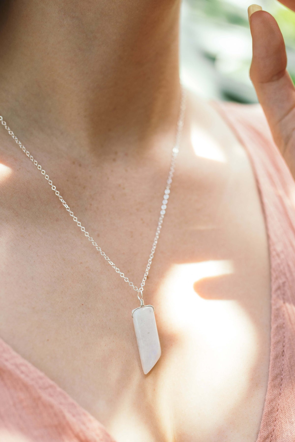 Smooth Point Pendant Necklace - Rainbow Moonstone - Sterling Silver - Luna Tide Handmade Jewellery