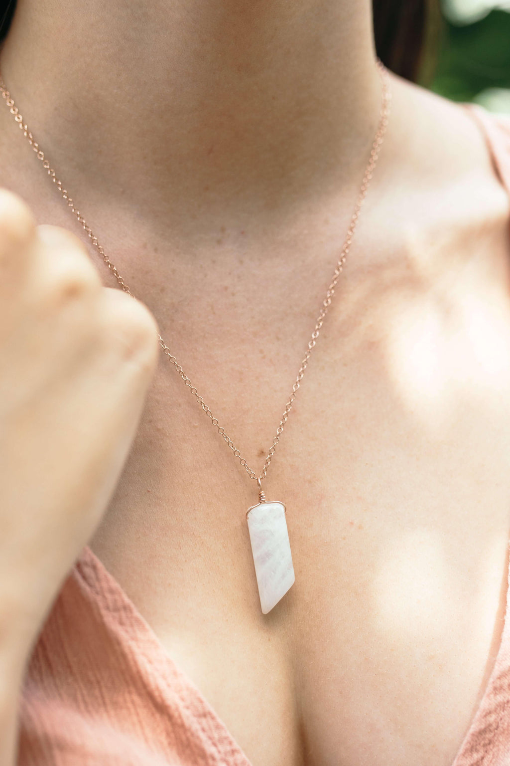 Smooth Rainbow Moonstone Natural Point Crystal Necklace - Smooth Rainbow Moonstone Natural Point Crystal Necklace - 14k Rose Gold Fill / Cable - Luna Tide Handmade Crystal Jewellery