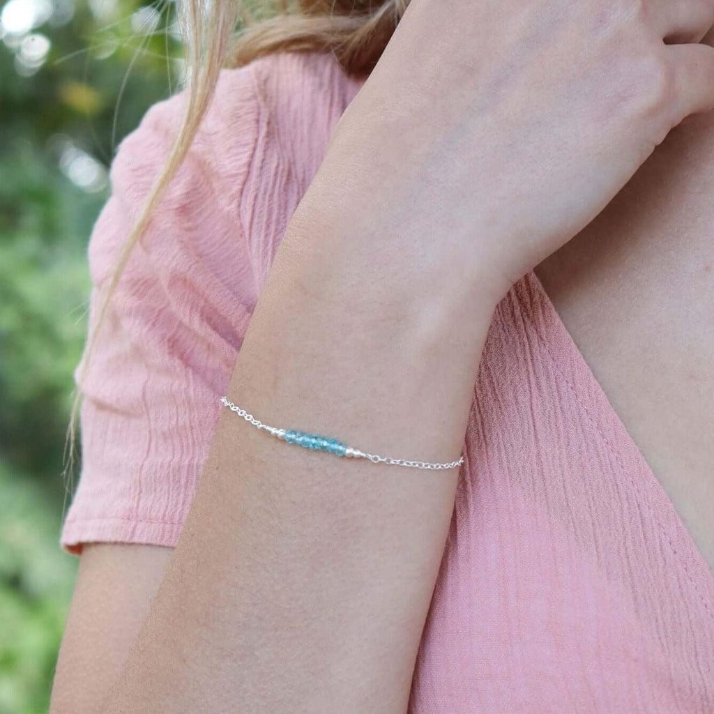 Sparkling Blue Apatite Gemstone Faceted Bead Bar Bracelet - Sparkling Blue Apatite Gemstone Faceted Bead Bar Bracelet - Sterling Silver - Luna Tide Handmade Crystal Jewellery