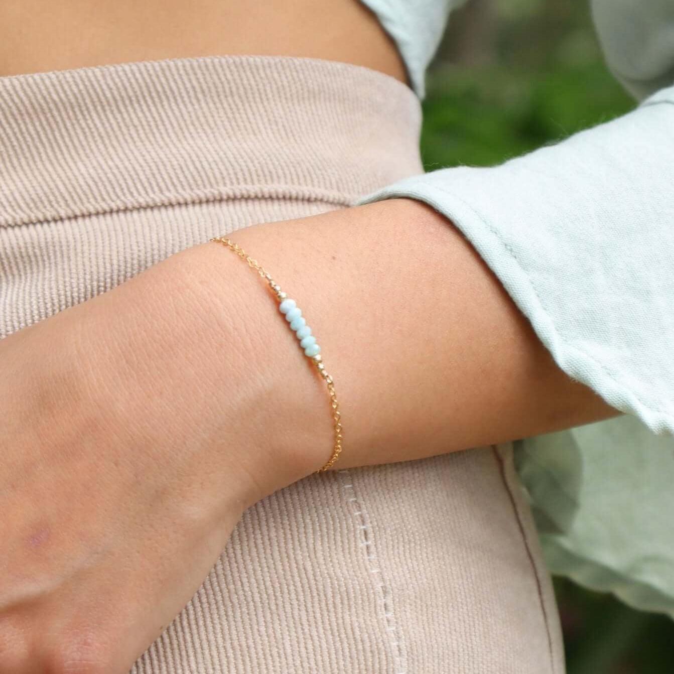 Sparkling Blue Larimar Gemstone Faceted Bead Bar Bracelet - Sparkling Blue Larimar Gemstone Faceted Bead Bar Bracelet - Sterling Silver - Luna Tide Handmade Crystal Jewellery