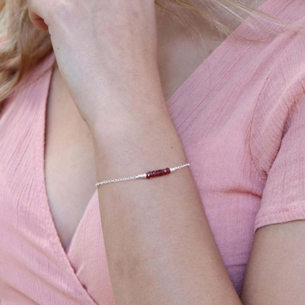 Sparkling Red Garnet Gemstone Faceted Bead Bar Bracelet - Sparkling Red Garnet Gemstone Faceted Bead Bar Bracelet - Sterling Silver - Luna Tide Handmade Crystal Jewellery