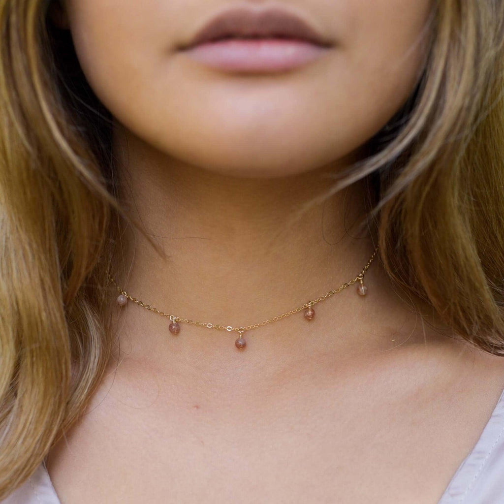 Sunstone Bead Drop Choker - Sunstone Bead Drop Choker - 14k Gold Fill - Luna Tide Handmade Crystal Jewellery